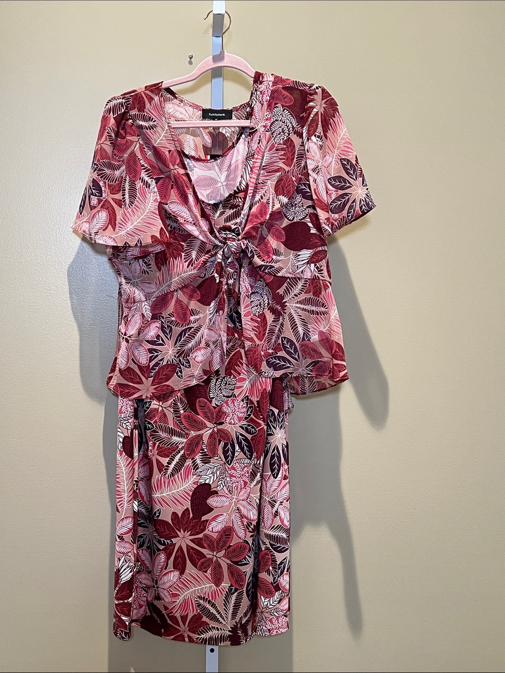 R. M. Richards Floral Tie-Front Midi Dress in Rose and Burgundy